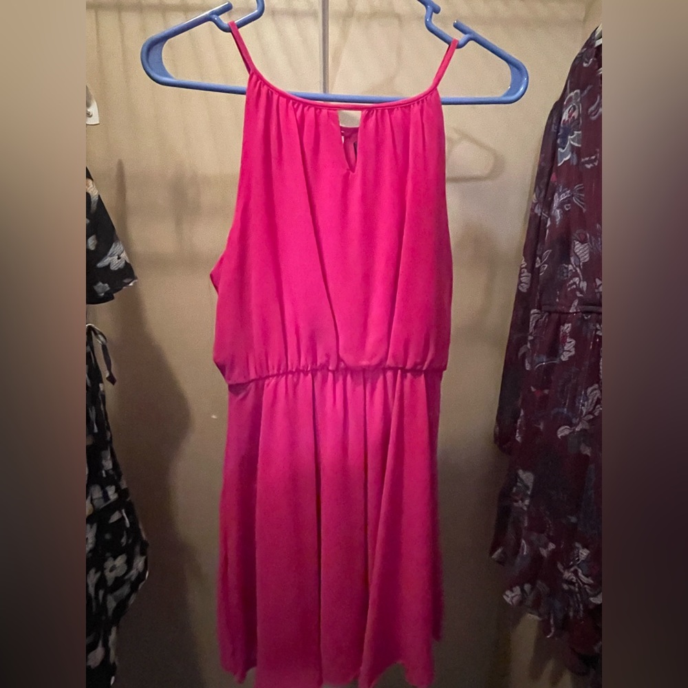 Francesca’s magenta pink halter flowy cinched mini dress